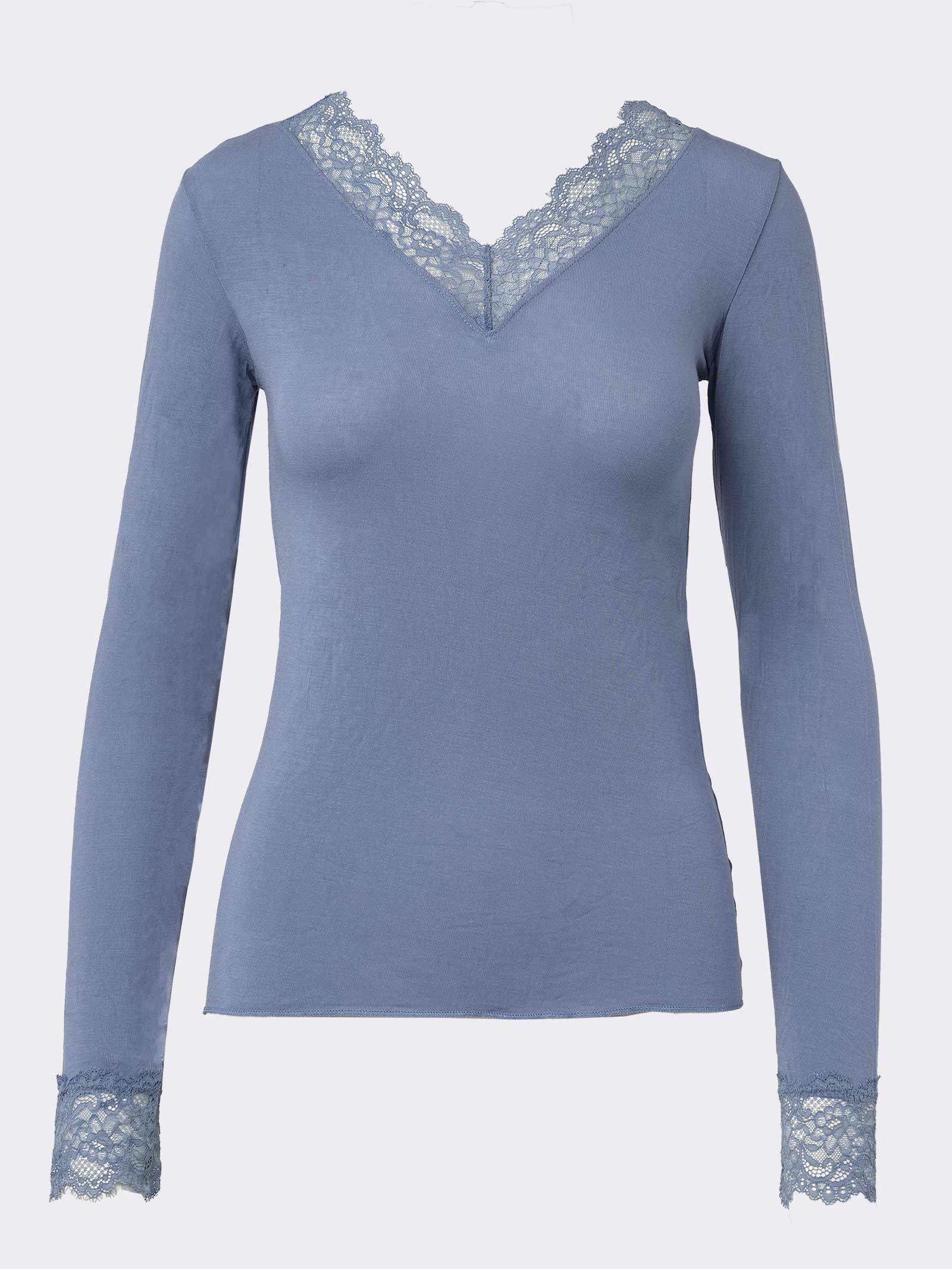 Powder blue women's sweater with lace neckline and cuffs