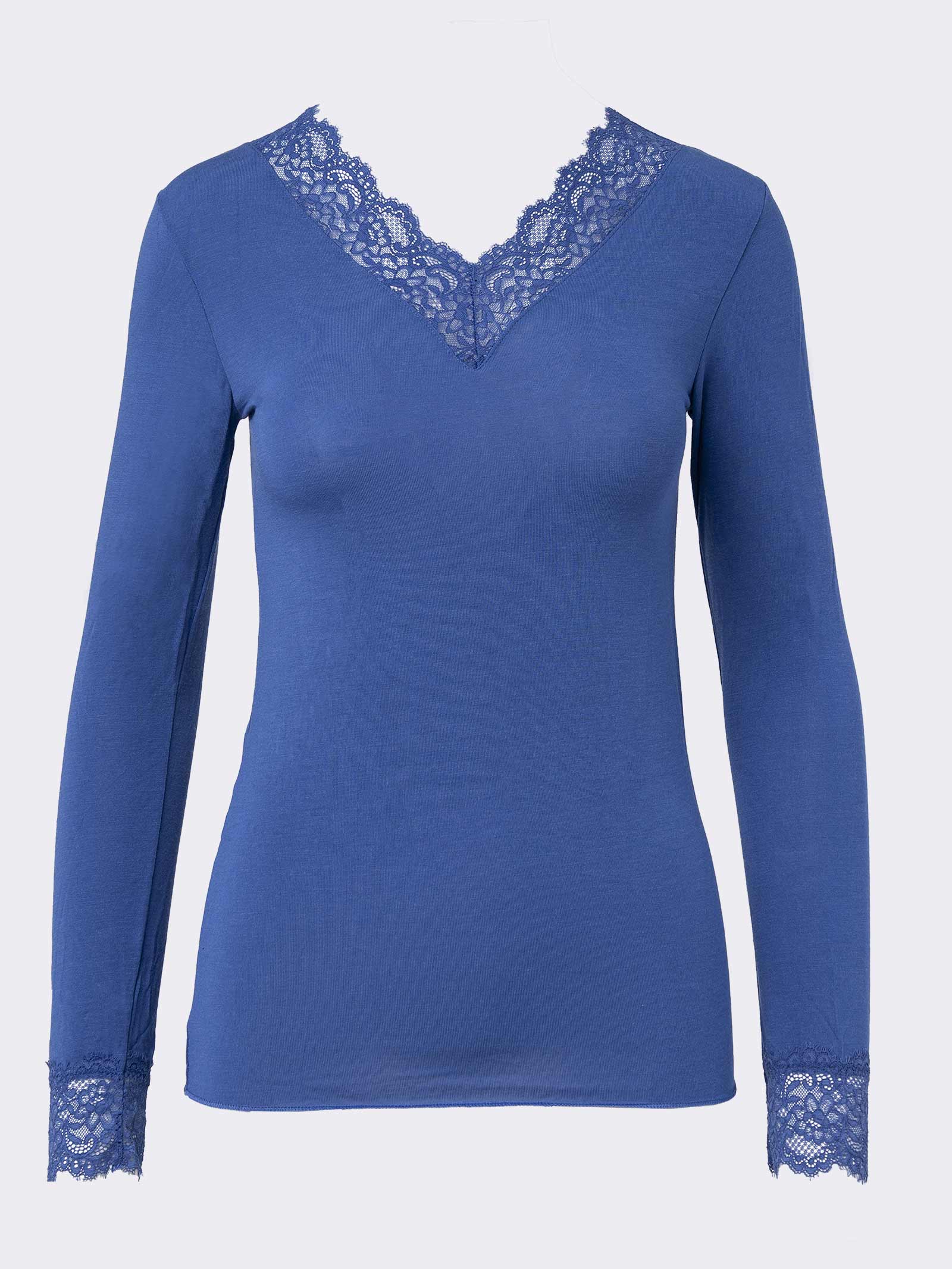 Blue women's sweater with lace neckline and cuffs