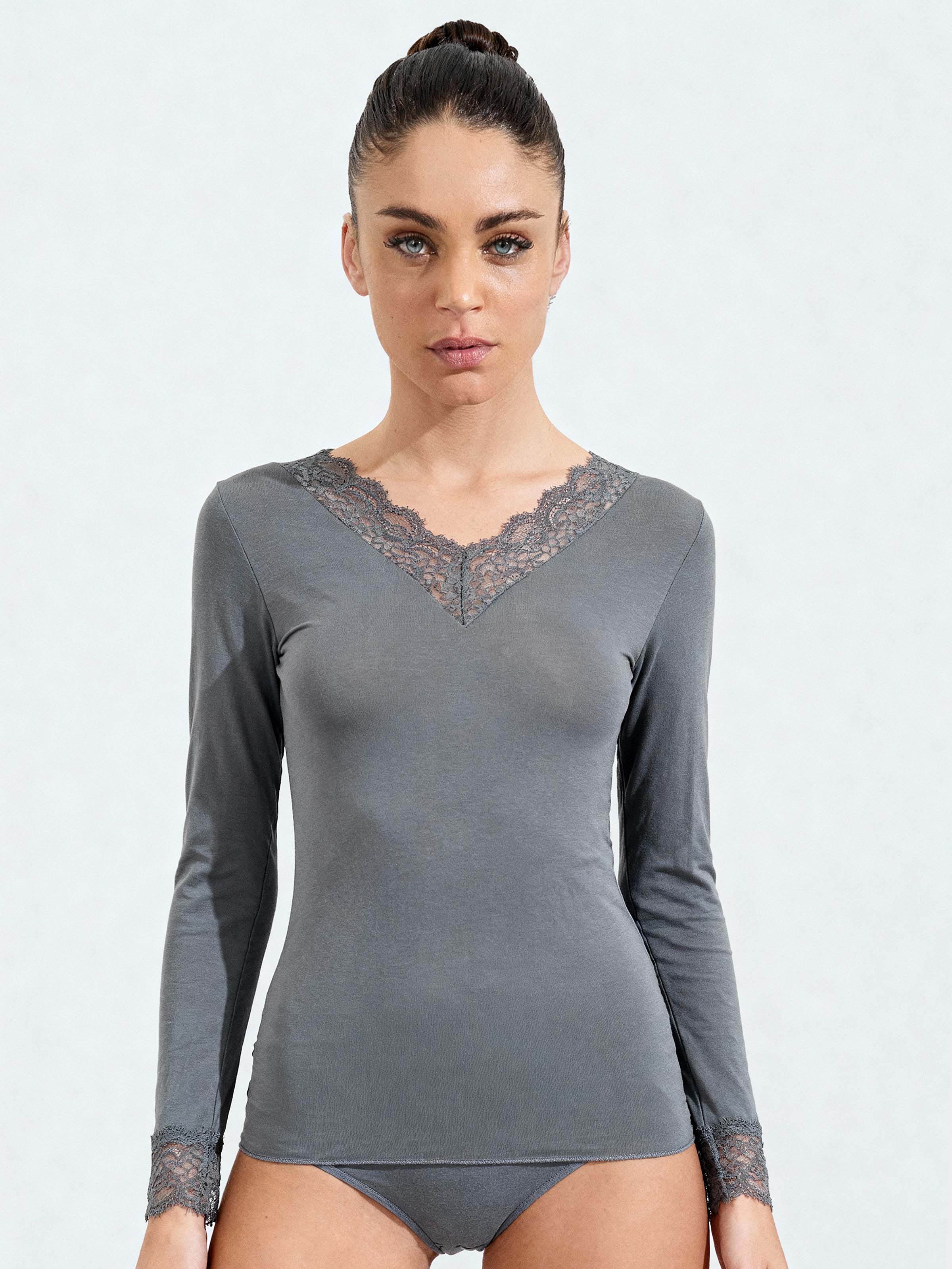 Grey women's sweater with lace neckline and cuffs