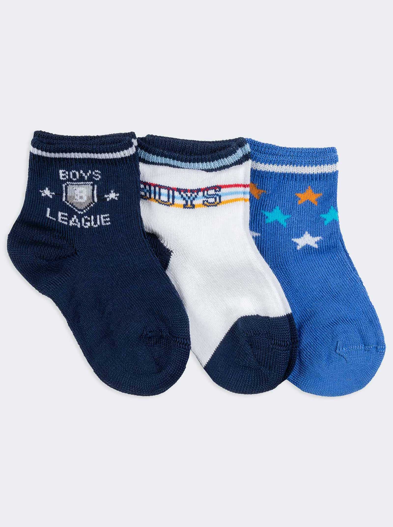 3-Pack Baby Short Socks with fun Patterns - Stars and Sports Design - Image 1