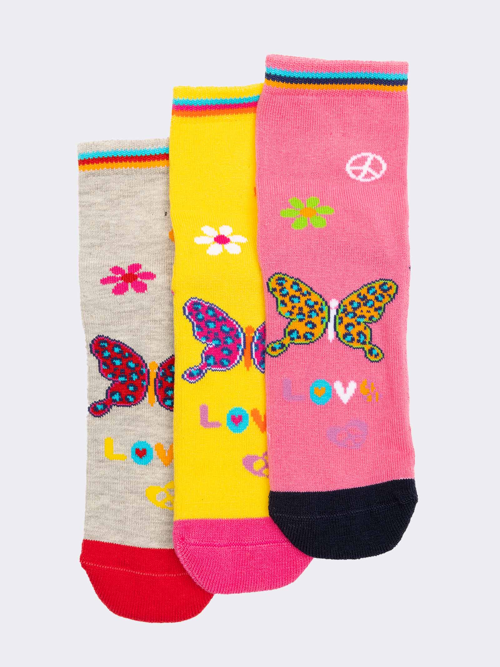 Rutschfeste Kindersocken mit Schmetterlingen und Friedenssymbolen - Kühle Baumwolle