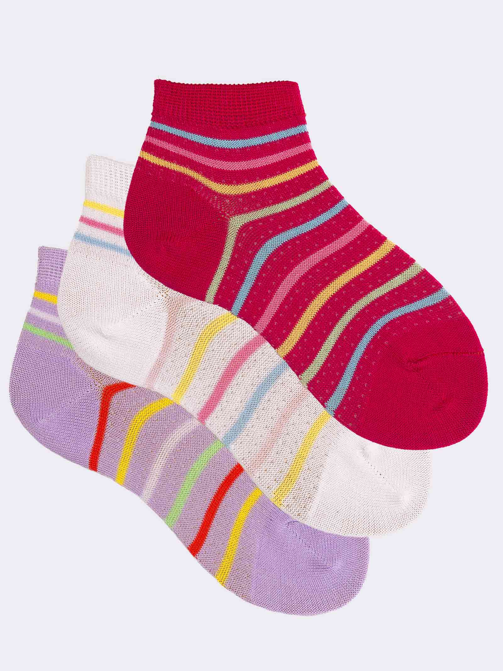 Dreierpack kurze, perforierte Mädchensocken mit Streifenmuster aus kühlender Baumwolle - Image 1