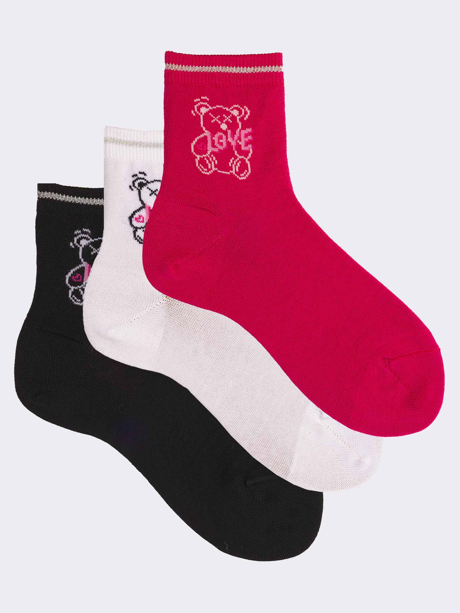 Dreierpack Mädchensocken mit Bärenmotiv in frischer Baumwolle - Image 1