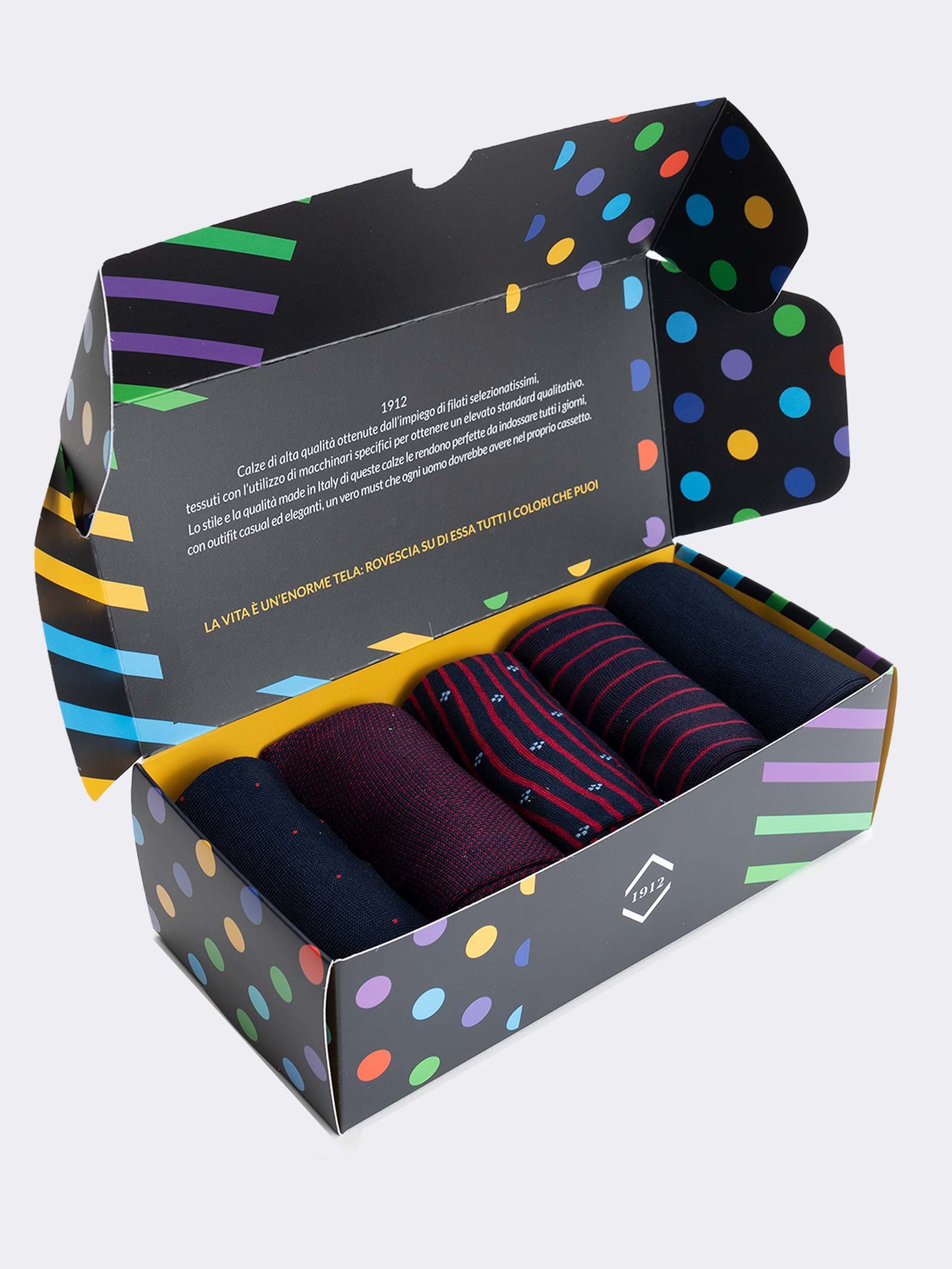 Caja de Regalo Elegante 5 Pares Calcetines de Hombre con Estampados Rojos - Algodón Fresco Hechos en Italia - Idea de Regalo Perfecta - Image 3