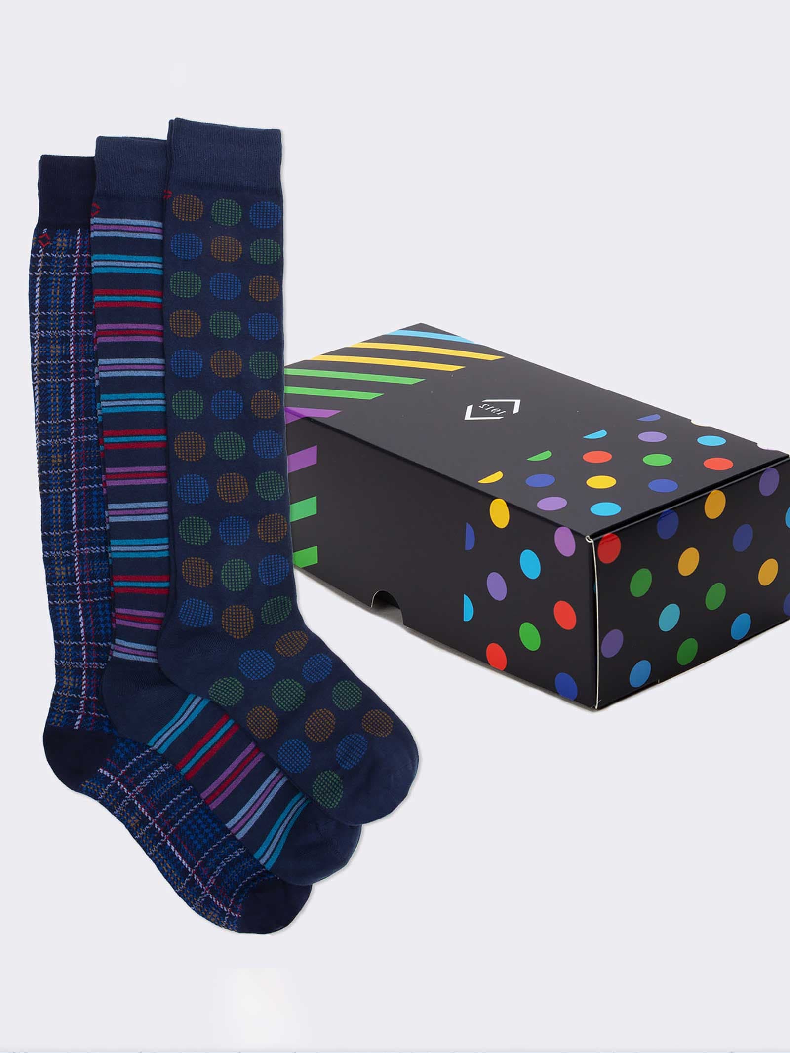 Geschenkbox 3 Paar geometrische blaue Herrensocken Geschenkidee Made in Italy - Image 1