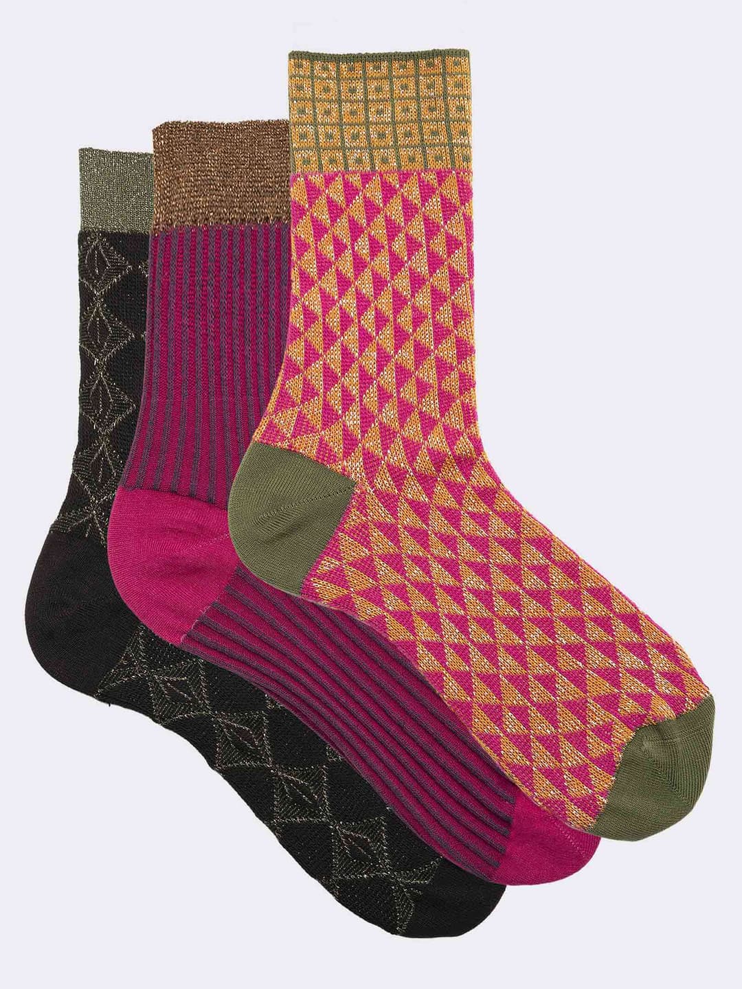 Women's Warm Cotton Socks Gift Box, 3 pairs Elegant Patterns Pink - Made in Italy