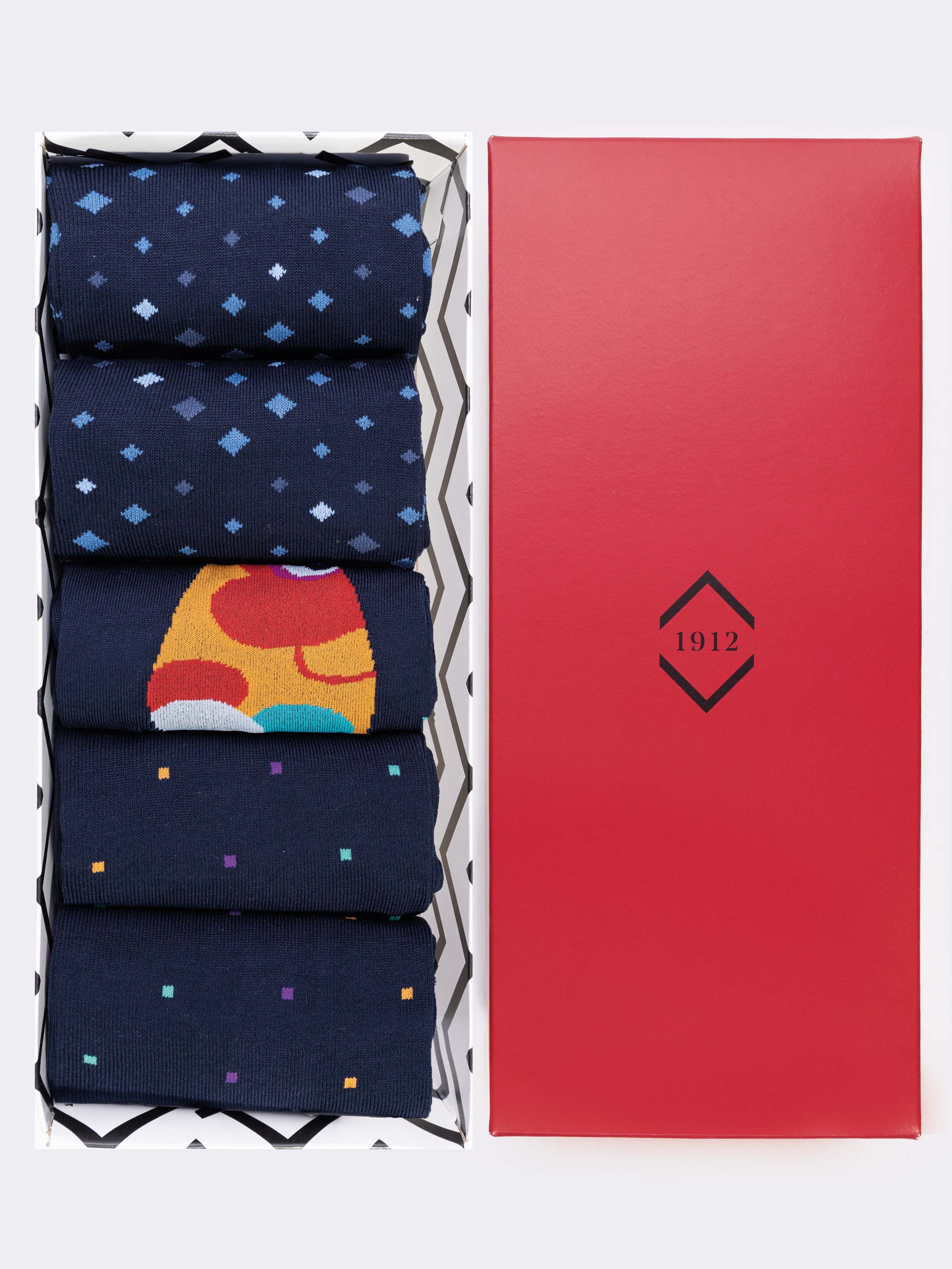 Geschenkbox 5 Paar lange Herrensocken mit gemischten Mustern aus Frischer Baumwolle - Image 1