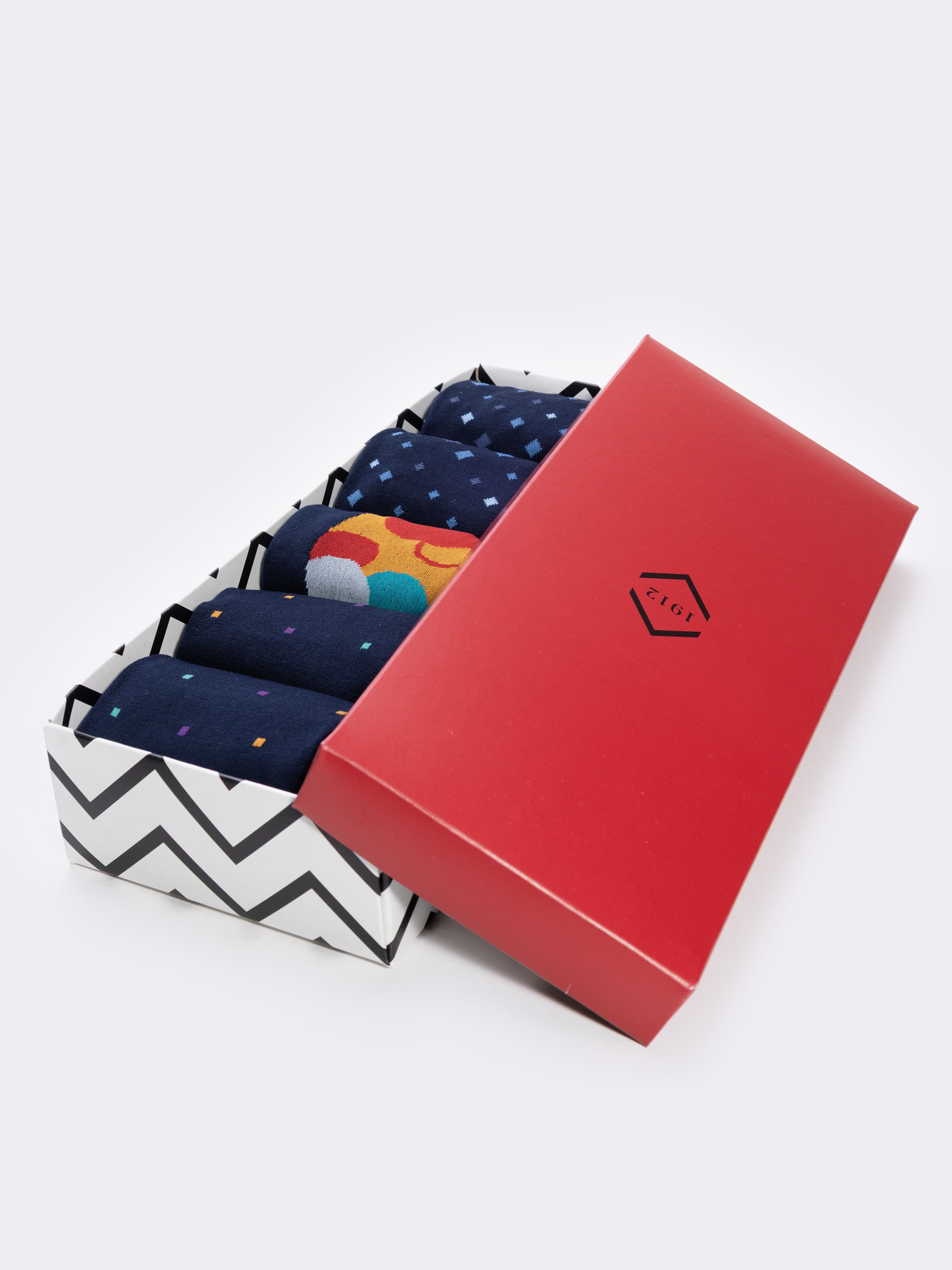 Geschenkbox 5 Paar lange Herrensocken mit gemischten Mustern aus Frischer Baumwolle - Image 2