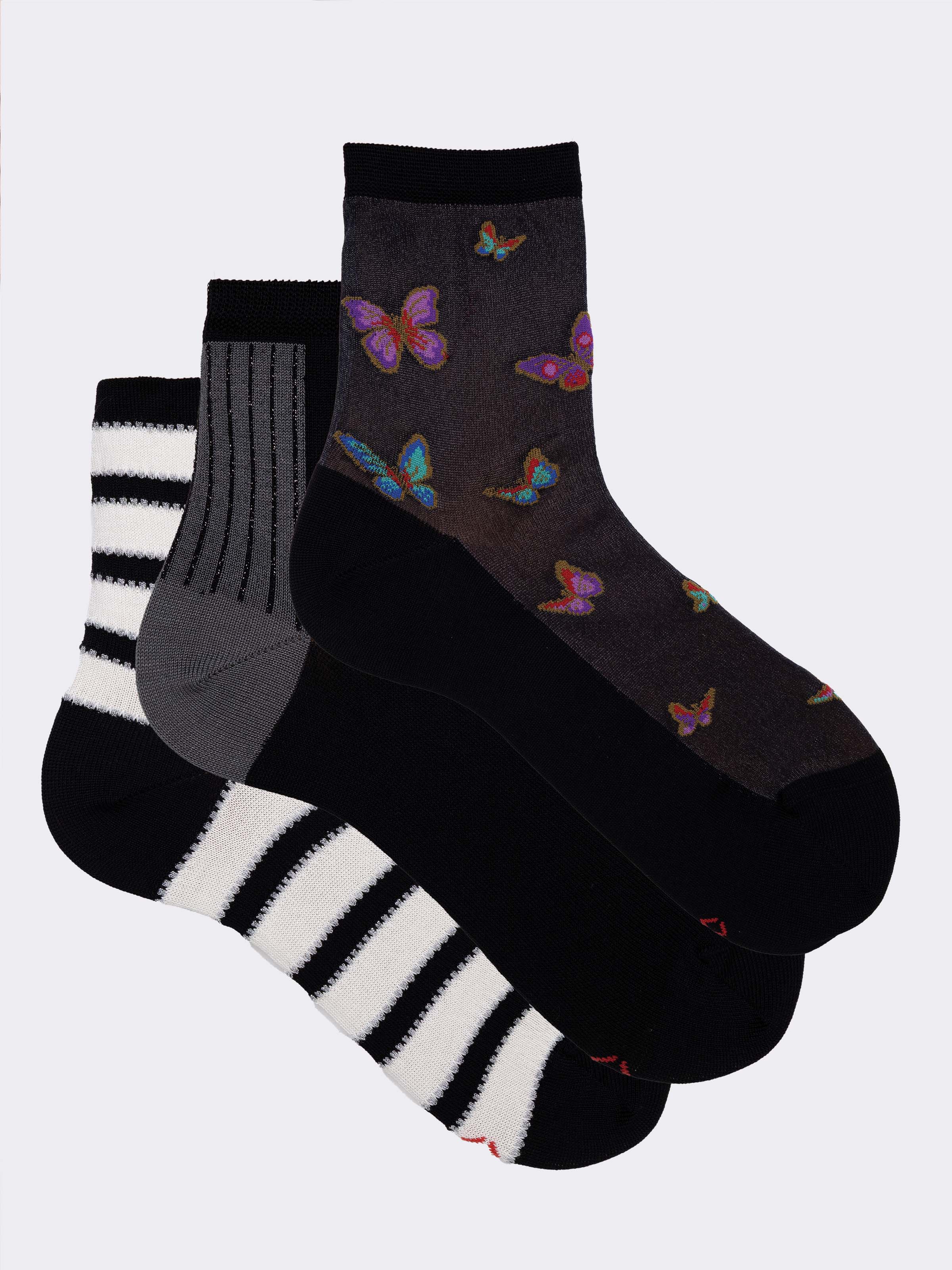 Geschenkset mit 3 Paar gemusterten Damen-Socken aus Italien aus Baumwolle - Schwarz - Image 1