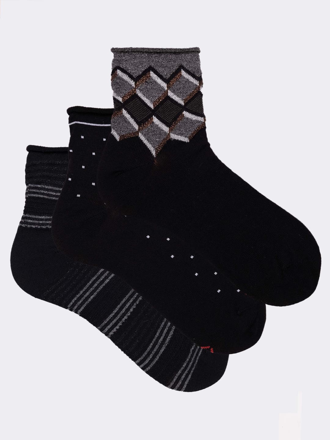 Set regalo 3 paia di Calze fantasia donna Made in Italy in fresco Cotone - Nero