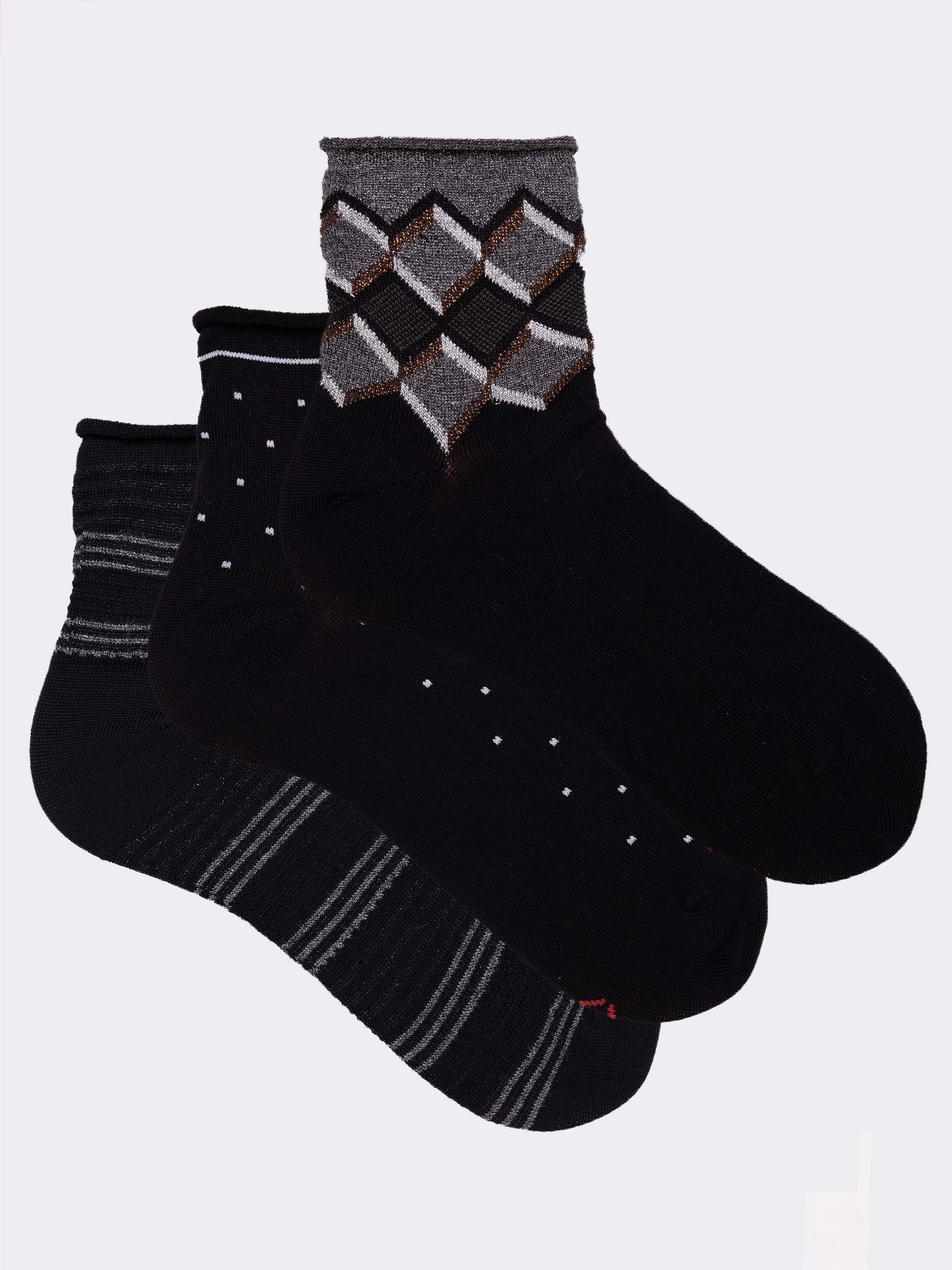 Geschenkset 3 Paar Fantasie-Damensocken Made in Italy aus kühler Baumwolle - Schwarz - Image 1