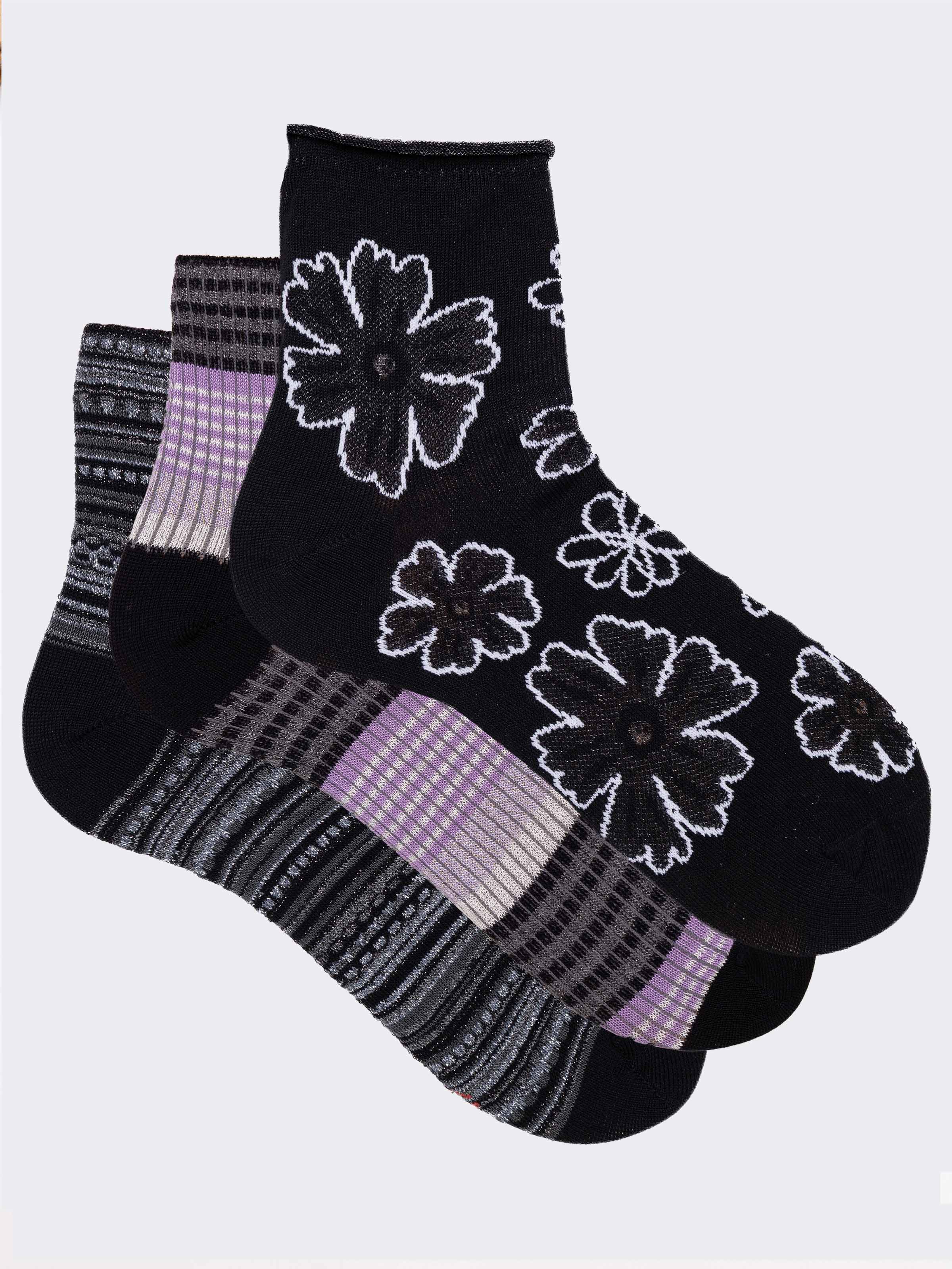 set regalo 3 paia di Calze fantasia donna Made in Italy in fresco Cotone - Nero - Image 1
