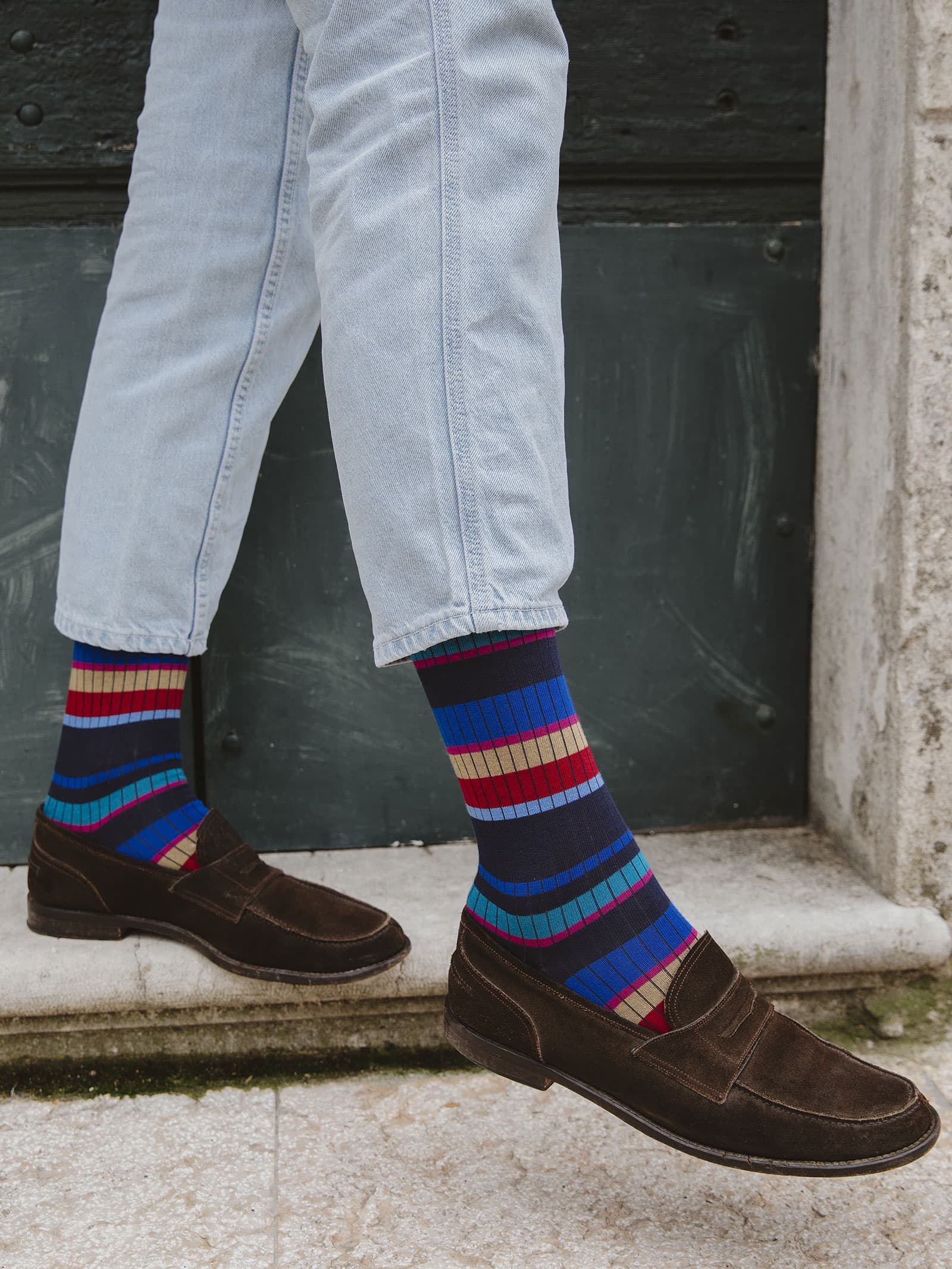 Men's Long Socks with Colorful Stripes in Warm Cotton - Made in Italy - Image 3
