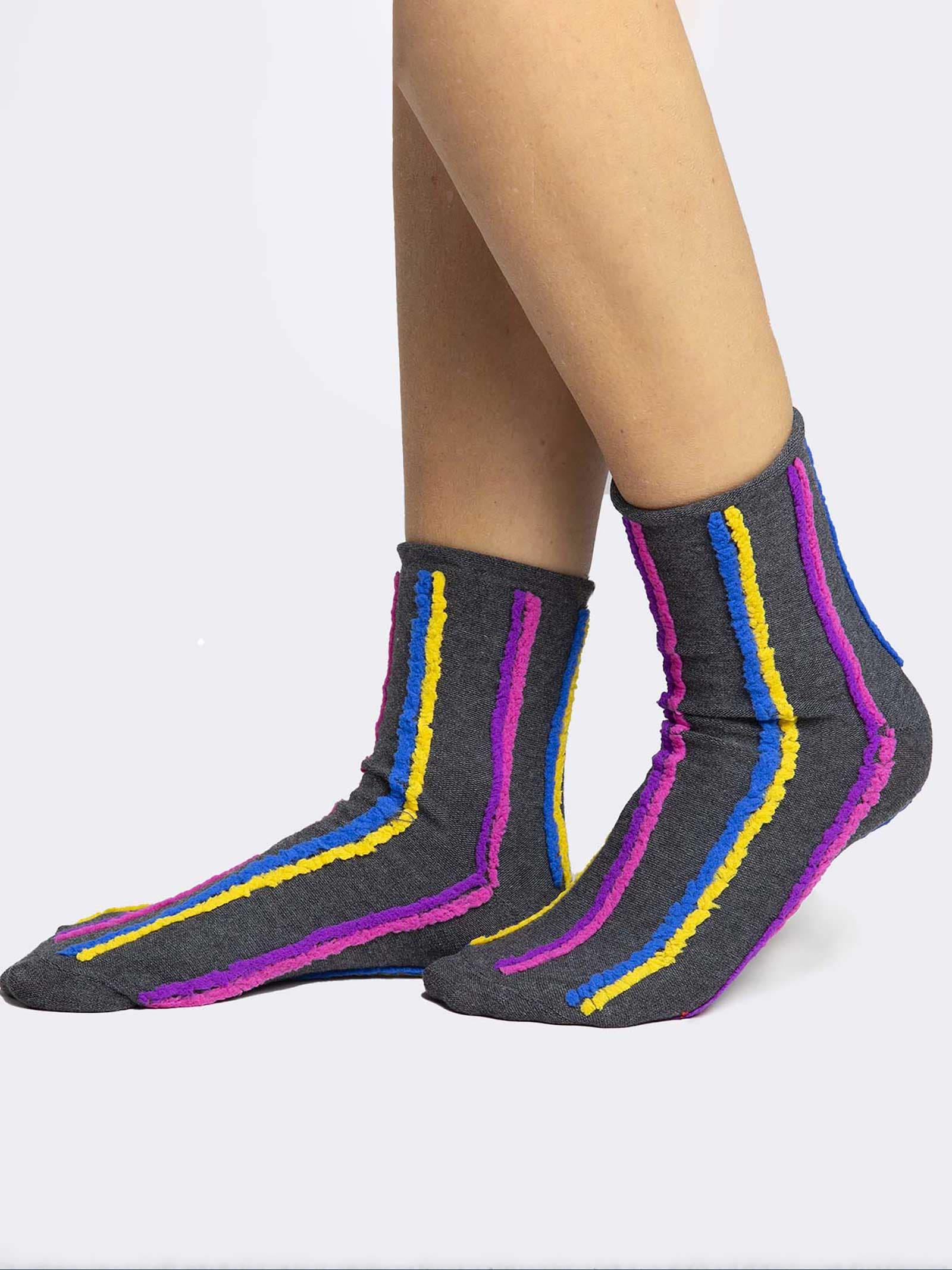 Women's Short Patterned Warm Cotton Socks - Modern Striped Design - Image 1