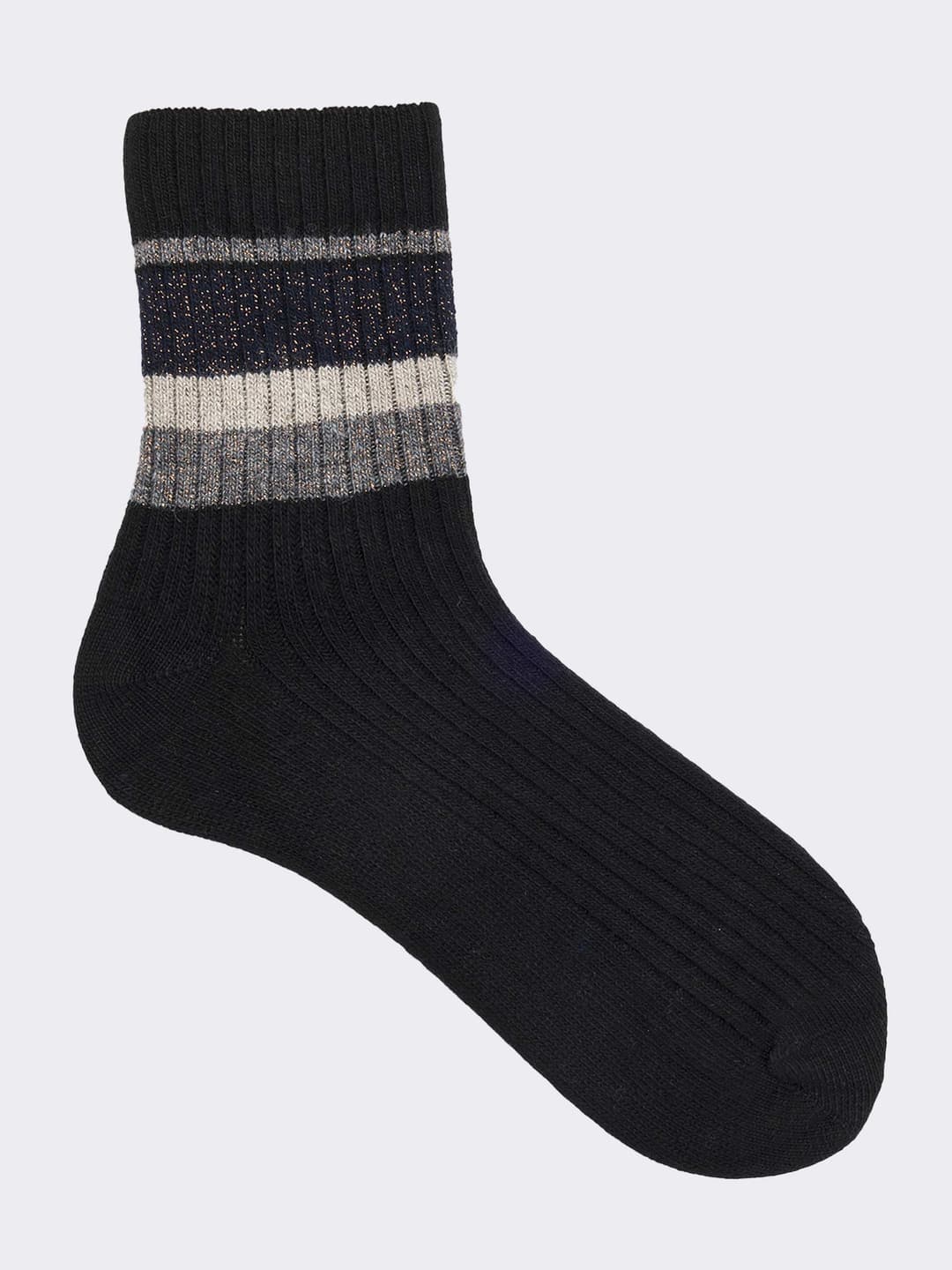 Women's Ribbed Ankle Socks with Stripe in Cashmere Blend - Made in Italy