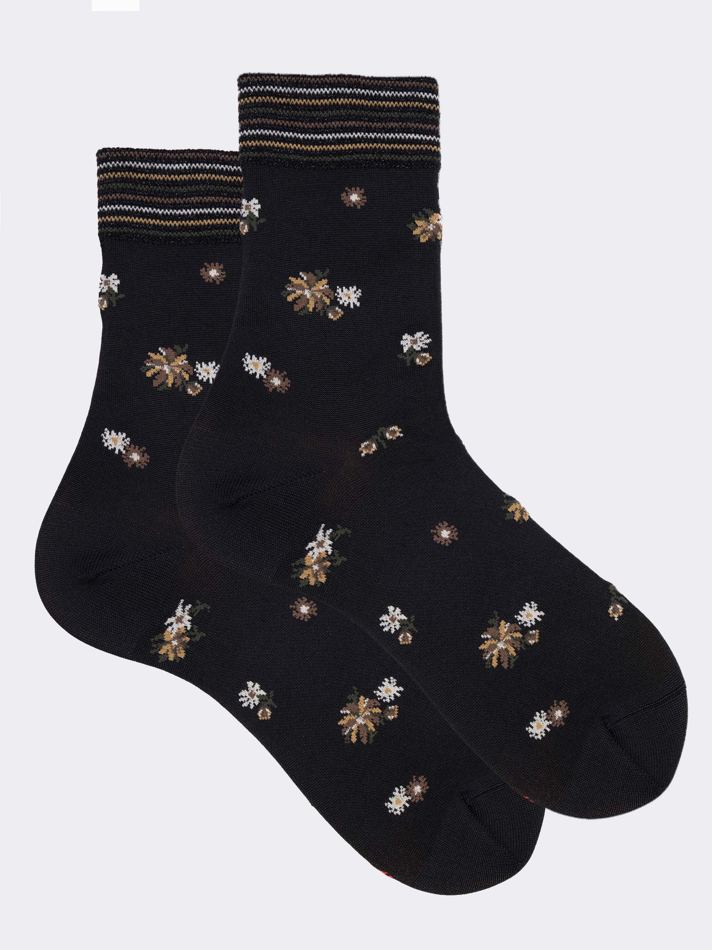 Women's short floral patterned socks with striped cuff - Made in Italy - Image 1