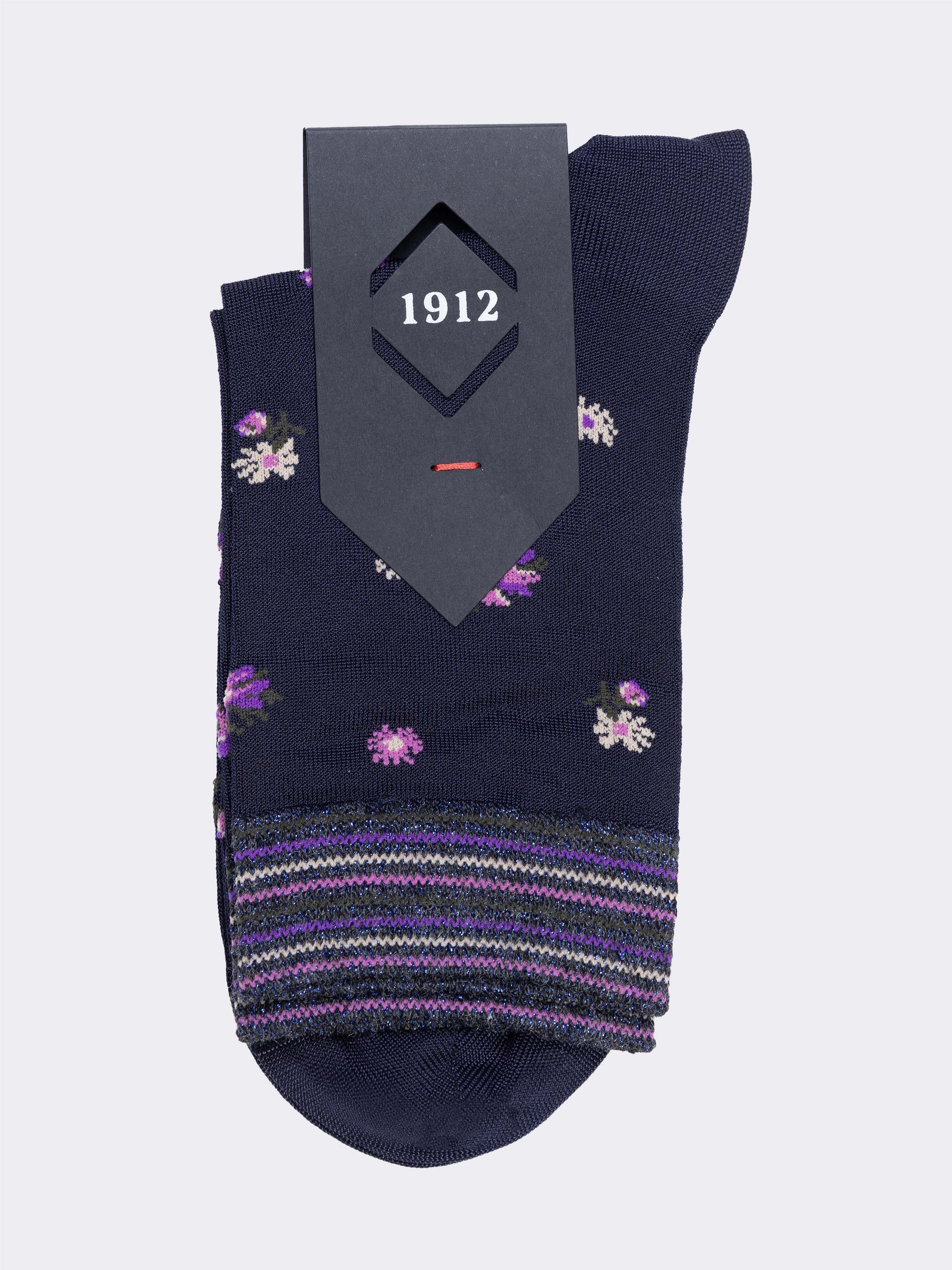 Kurze Damen-Socken mit Blumenmuster und gestreiftem Bund - Made in Italy
