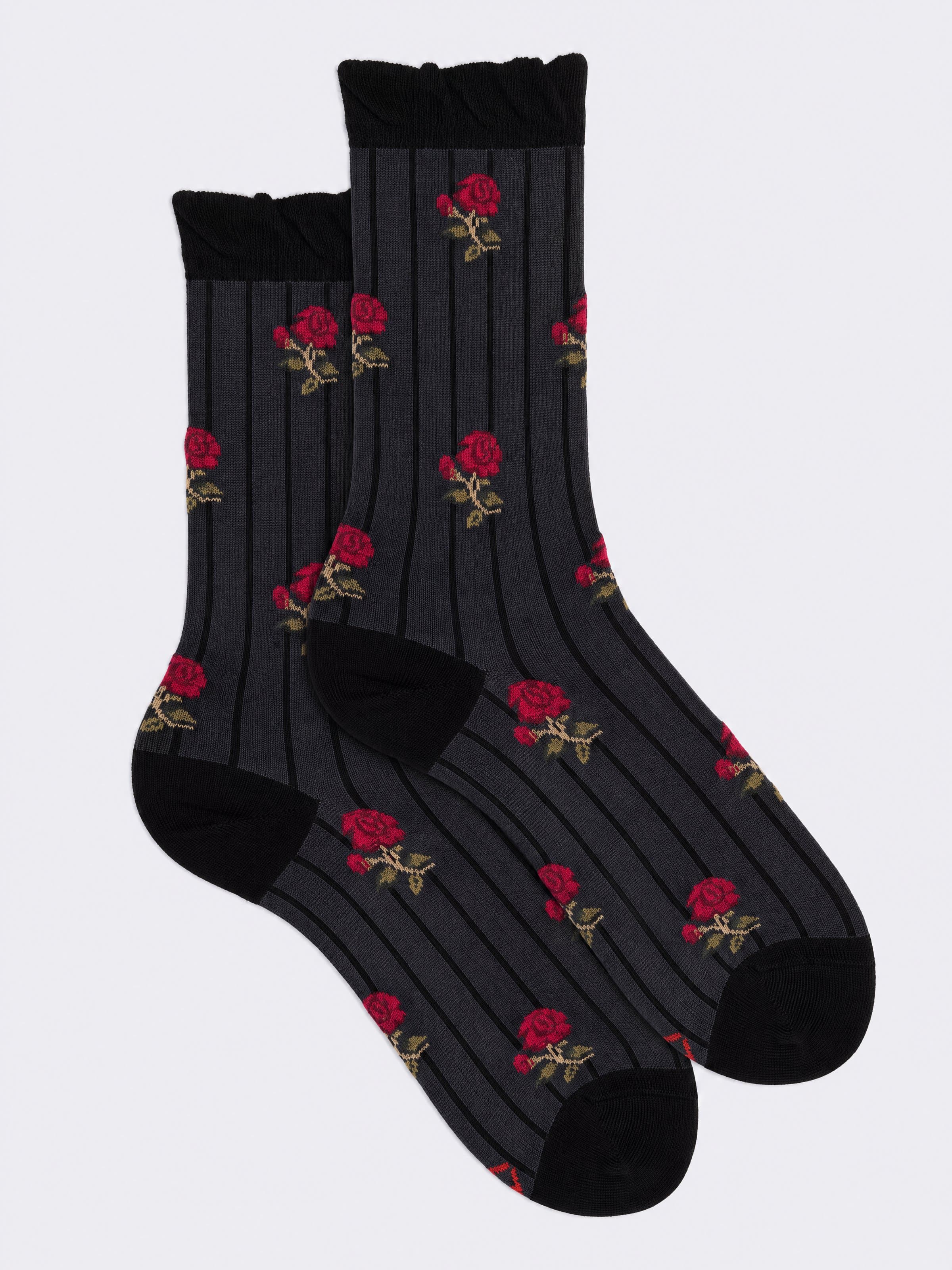 Damen-Ringelsocken mit Blumenmuster, halblang - Made in Italy - Image 1