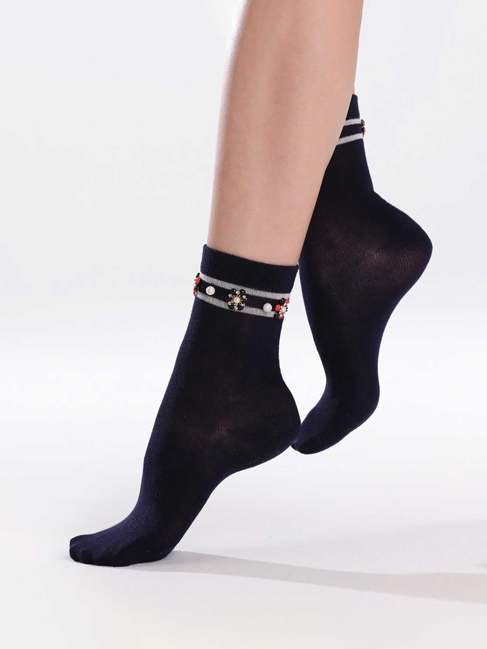 Women's Elegant Ankle Socks with Floral Decorations and Beads - Image 1