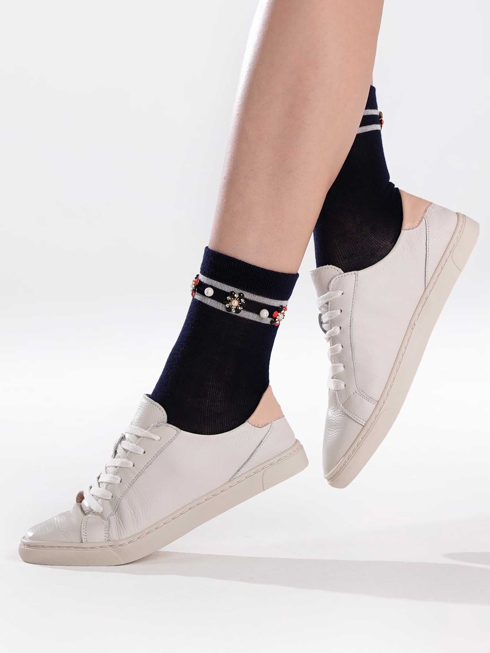 Women's Elegant Ankle Socks with Floral Decorations and Beads - Image 2