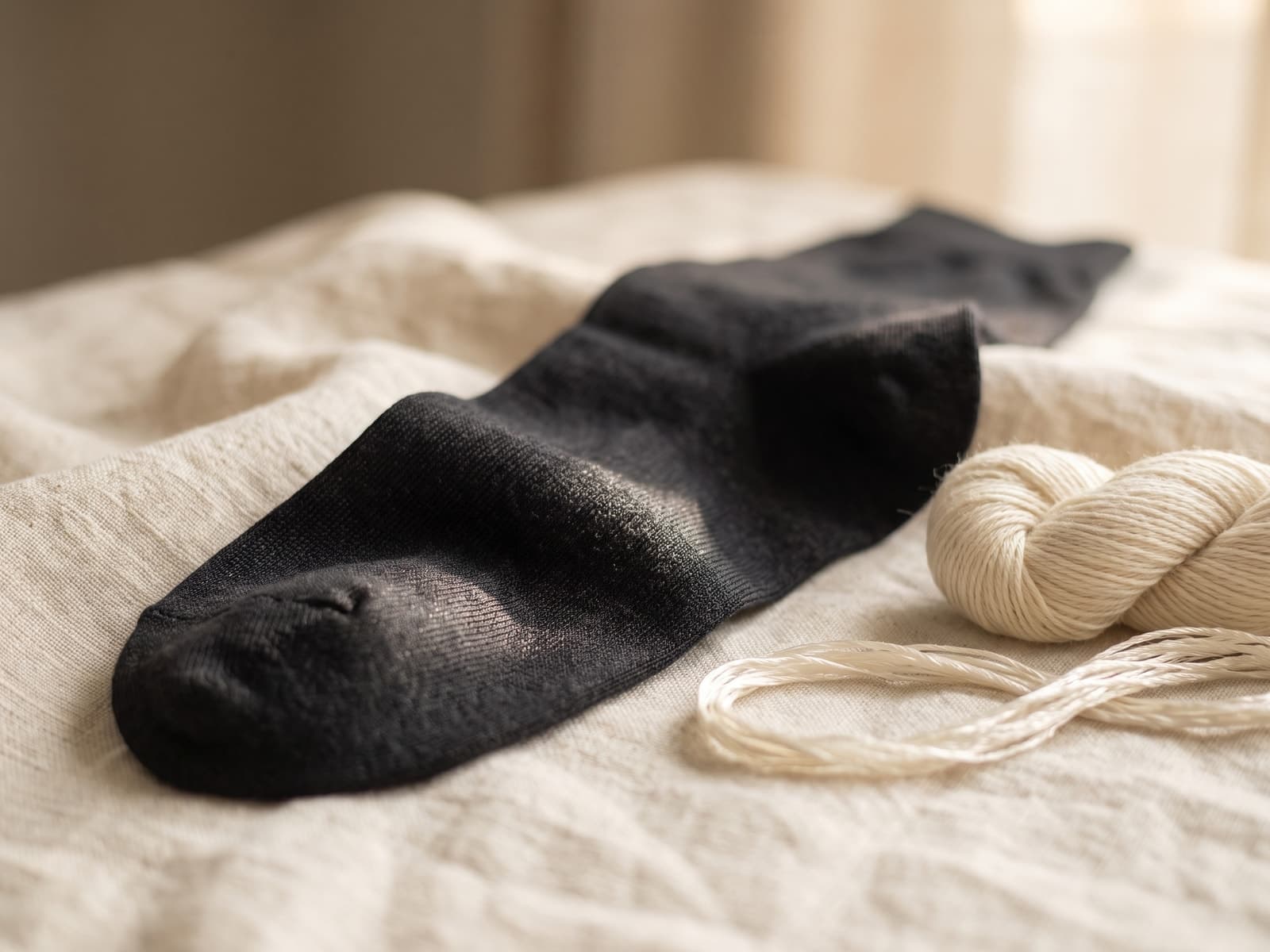Schwarze Socke aus Wolle und Seide auf einem Leinenstoff neben einem Garnknäuel