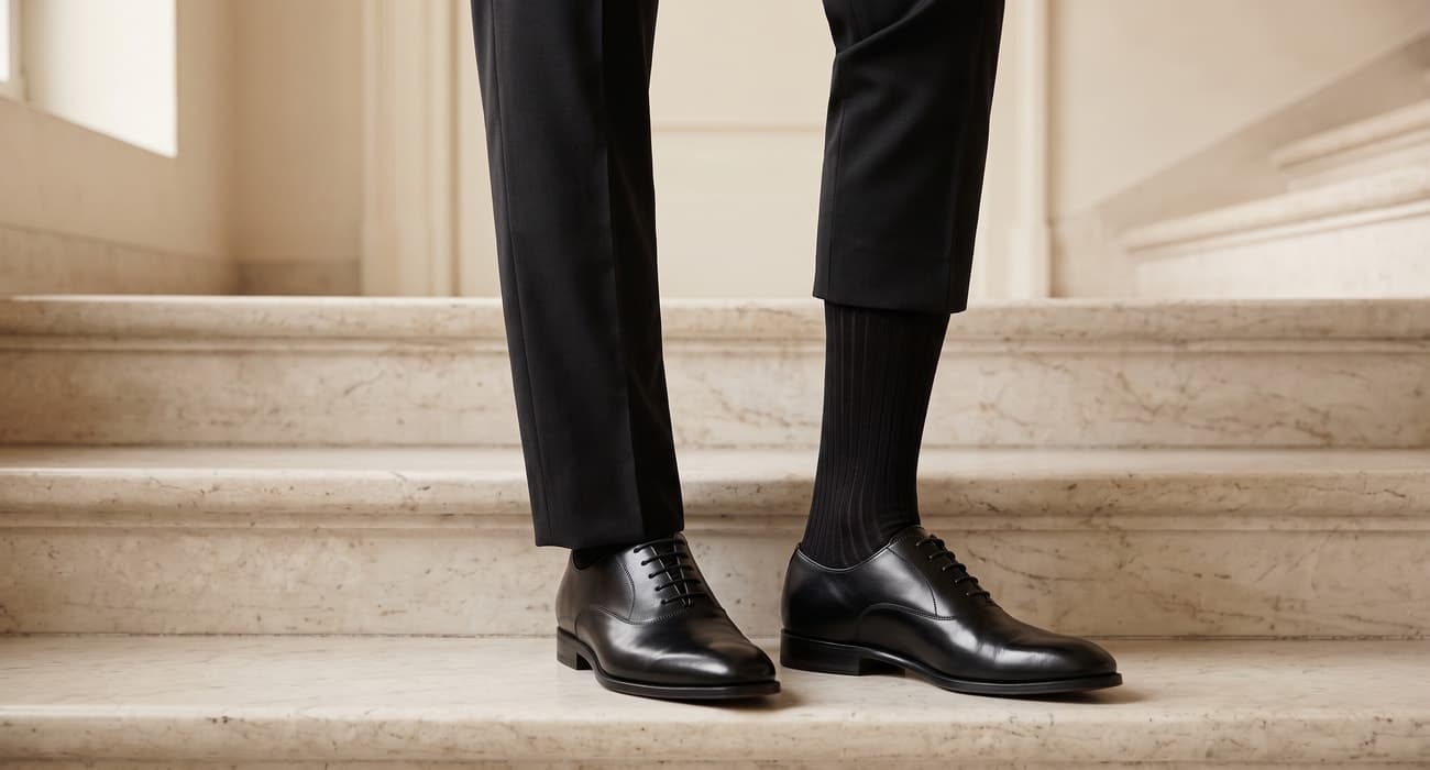 Schwarze Rippensocken mit dunkler Hose und schwarzen Schnürschuhen auf einer Marmortreppe