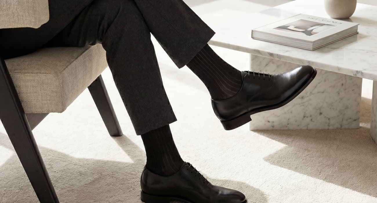 Sitzender Mann im dunklen Anzug mit schwarzen Schnürschuhen und langen Rippensocken