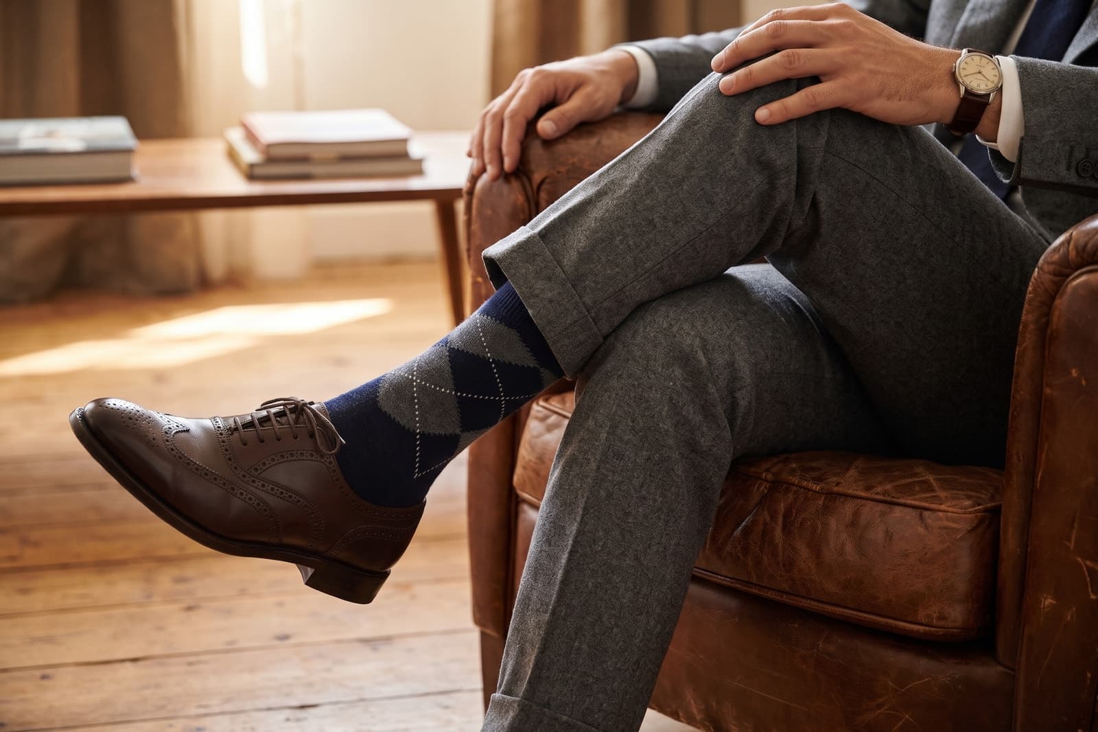 Homme assis en pantalon de flanelle grise avec des chaussettes longues à losanges bleu marine en mélange cachemire sous le pantalon