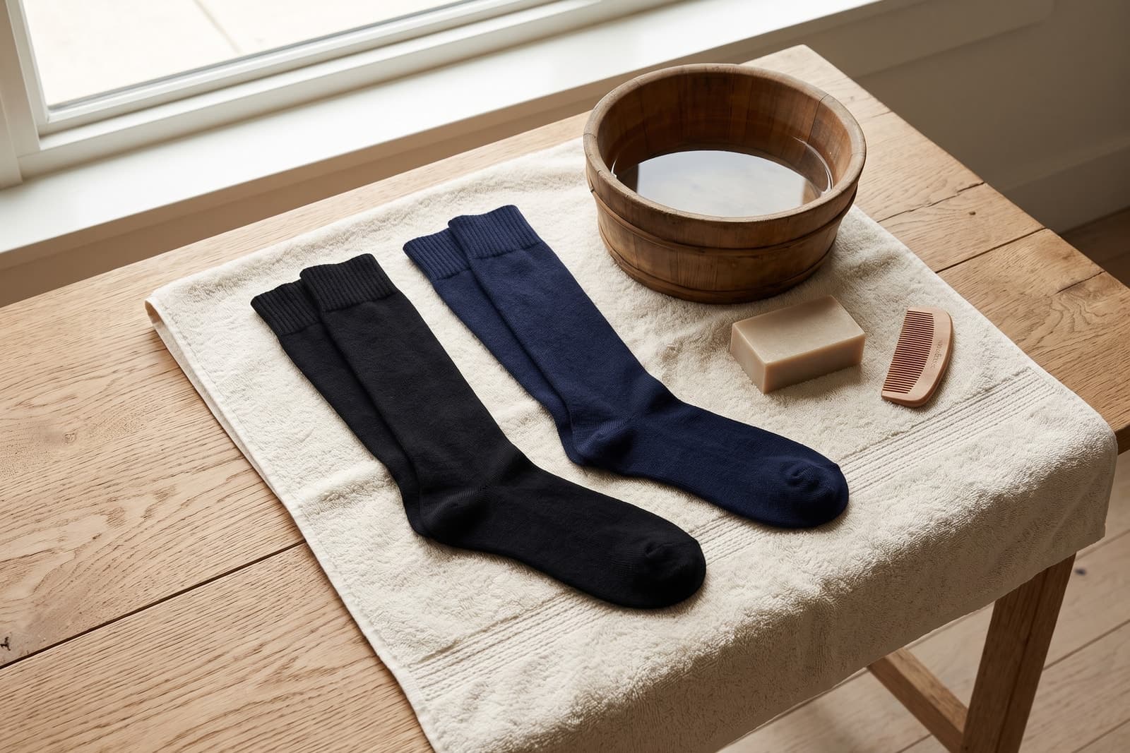 Chaussettes longues en mélange cachemire noires et bleues posées à plat pour sécher sur une serviette à côté d'une bassine et d'un peigne