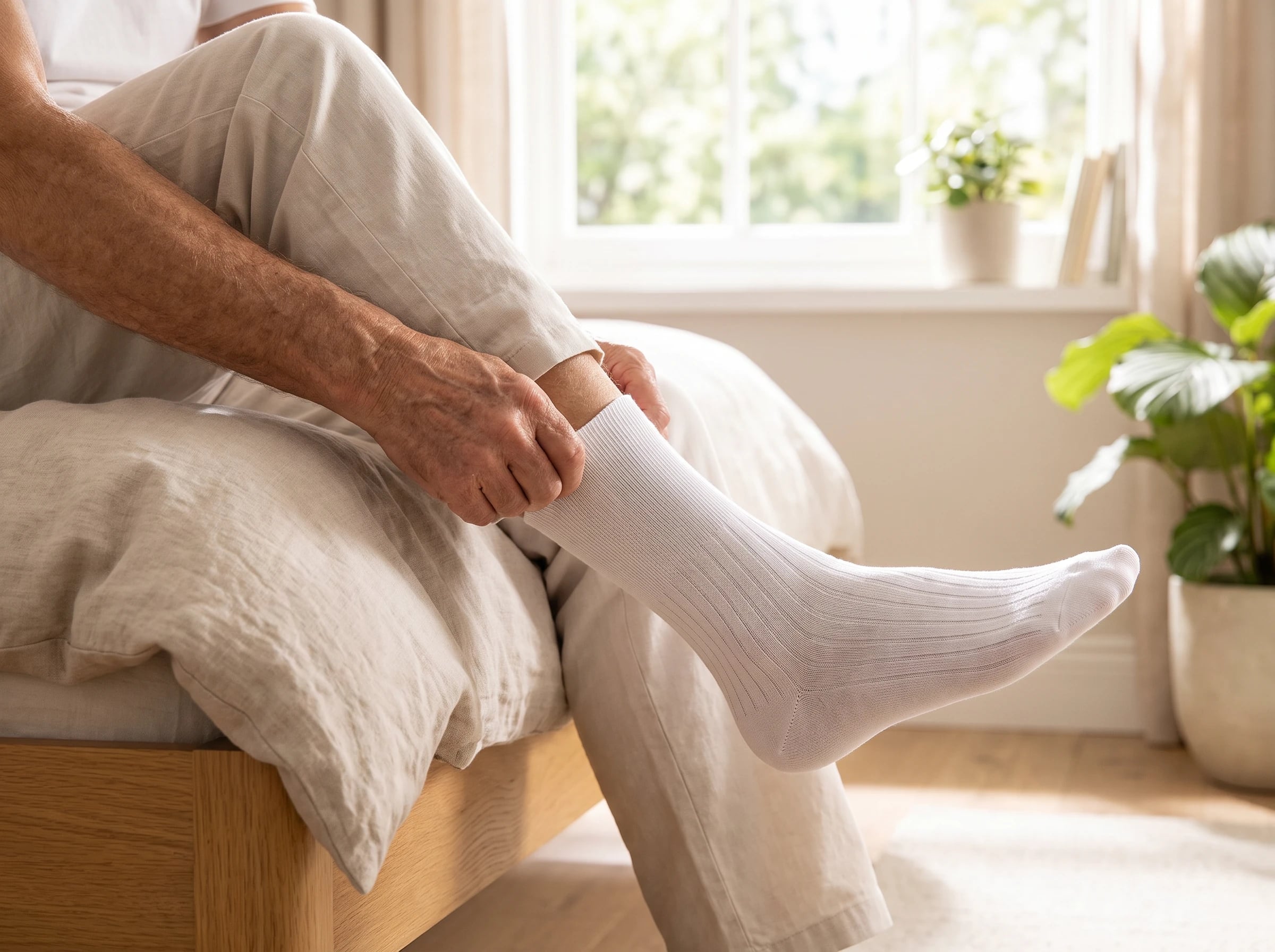Man sitting on the bed adjusting the cuff of a white ribbed medical sock