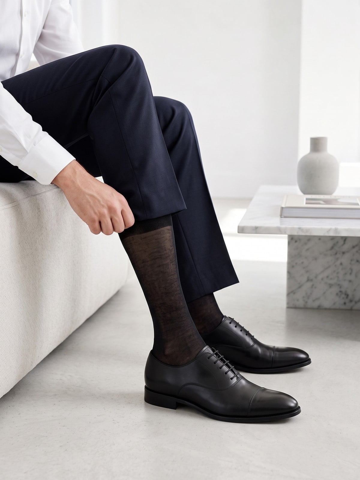 Hombre elegante con traje oscuro sentado con calcetines finos y zapatos Oxford negros