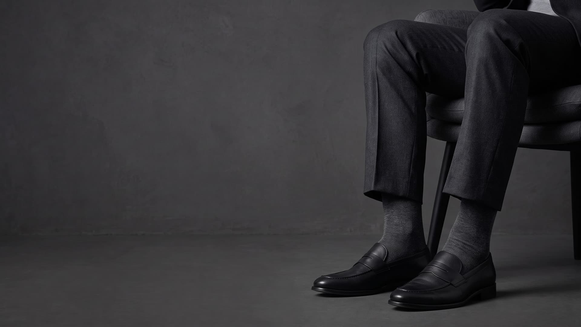 Sitzender Mann mit dunkler Hose, langen anthrazitfarbenen Socken und schwarzen Mokassins