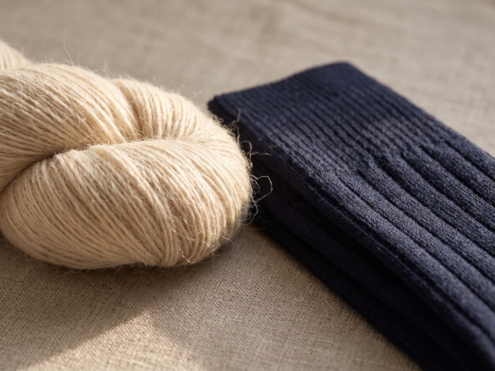 Macro del filato di lana lambswool accanto a una calza a costa larga