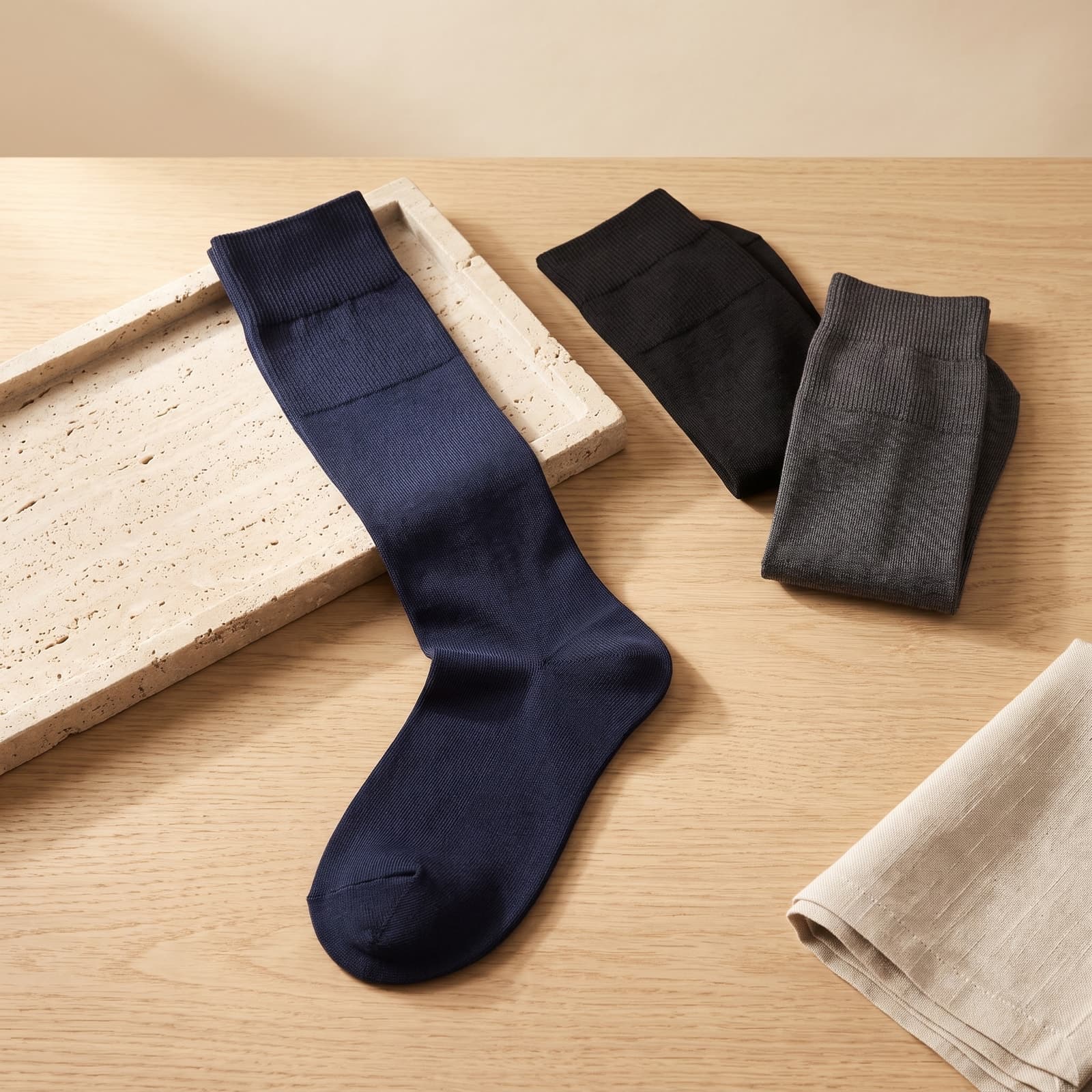 Calze lunghe Ciocca in Filo di Scozia blu navy, nere e antracite su vassoio di travertino, still life