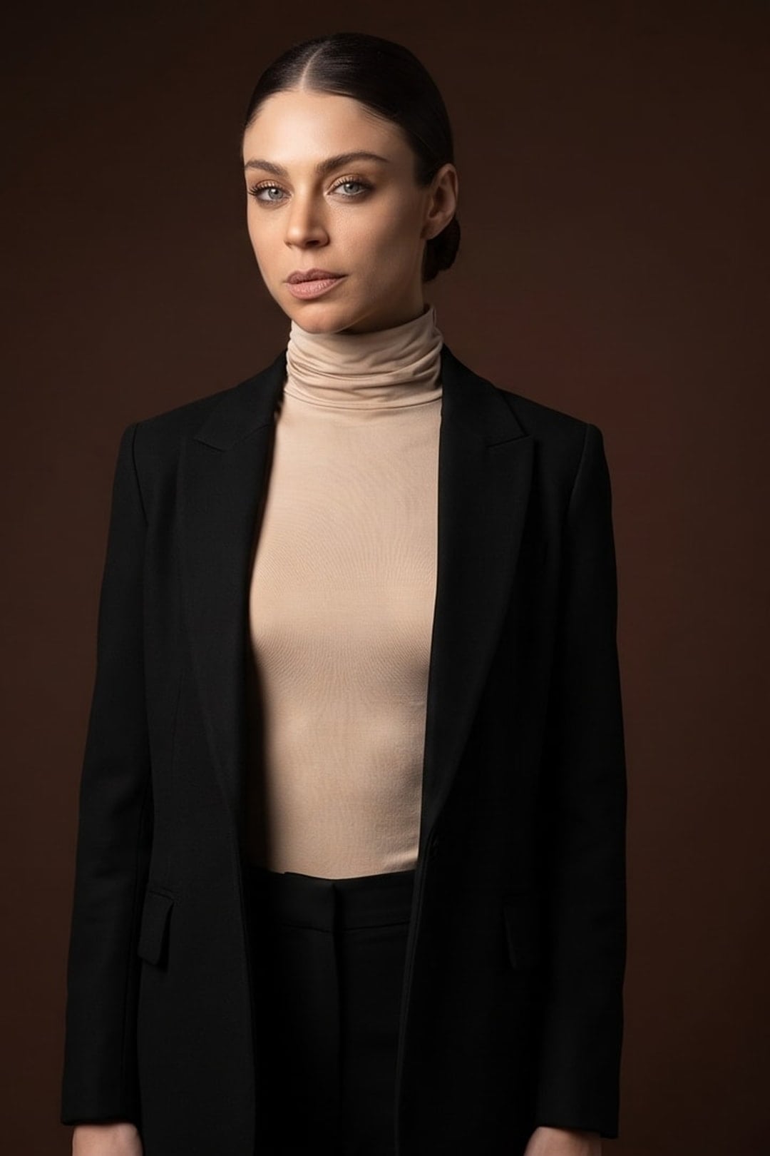 Donna con maglia dolcevita beige sotto un blazer nero